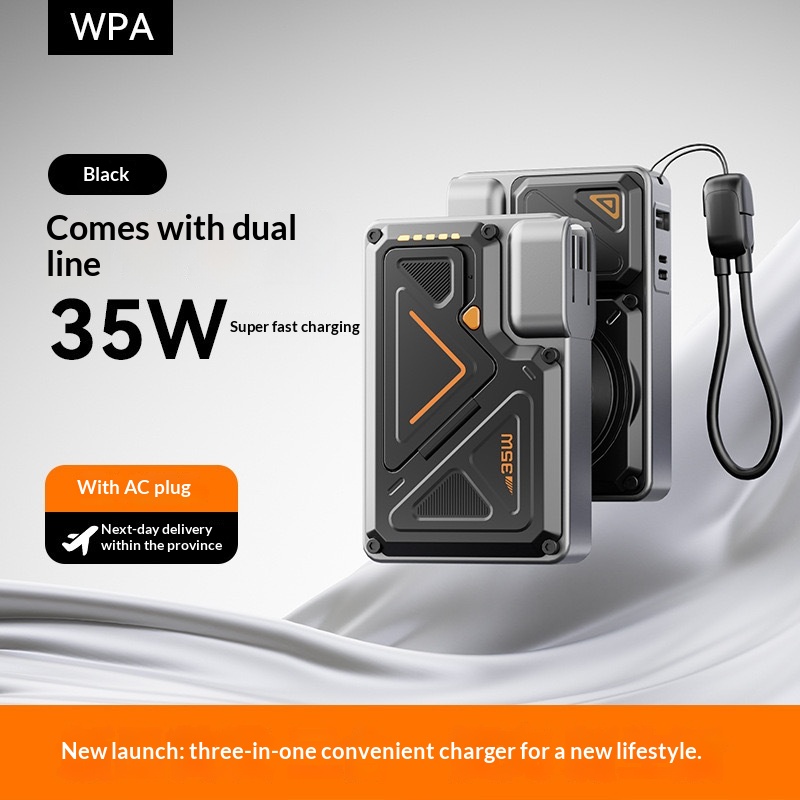 Carregador Portátil 35W com Cabo Integrado e Fixação Magnética para Celulares – Ultra Rápido!